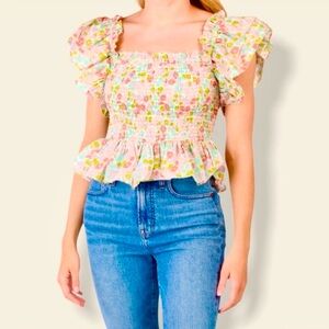 ANTHRO LOVE THE LABEL Ines Smocked Ruffle Sleeve Top Ivory XS